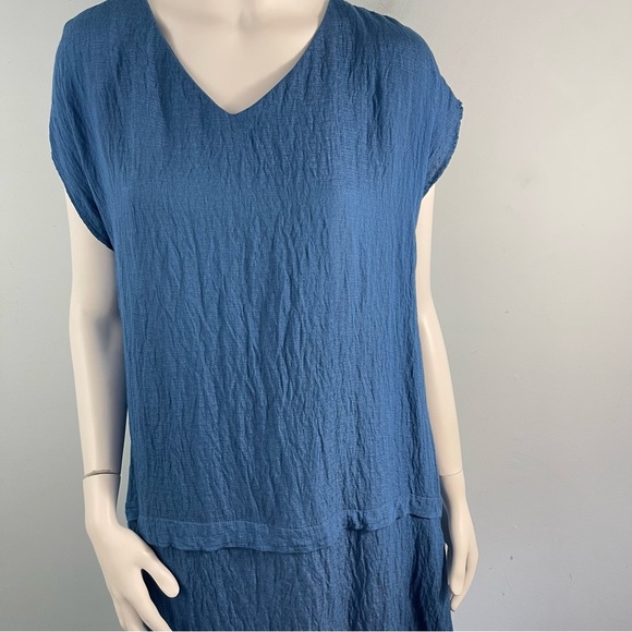 Tusso Crinkle Short Sleeves Kaftan Midi Dress Pockets Blue 2 / M Lagenlook Flowy - Picture 2 of 12